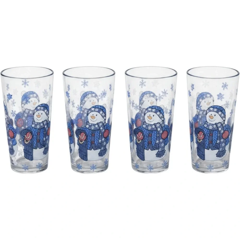 KIG Indonesia Snowman Christmas Glasses Set of 4 Blue White Winter Highball 6in